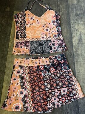 Peach & Black Patchwork Floral Two-Piece Set